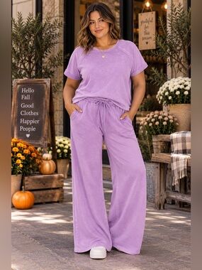 Zenana Violet Wash Cotton French Terry Wide Leg Pants
